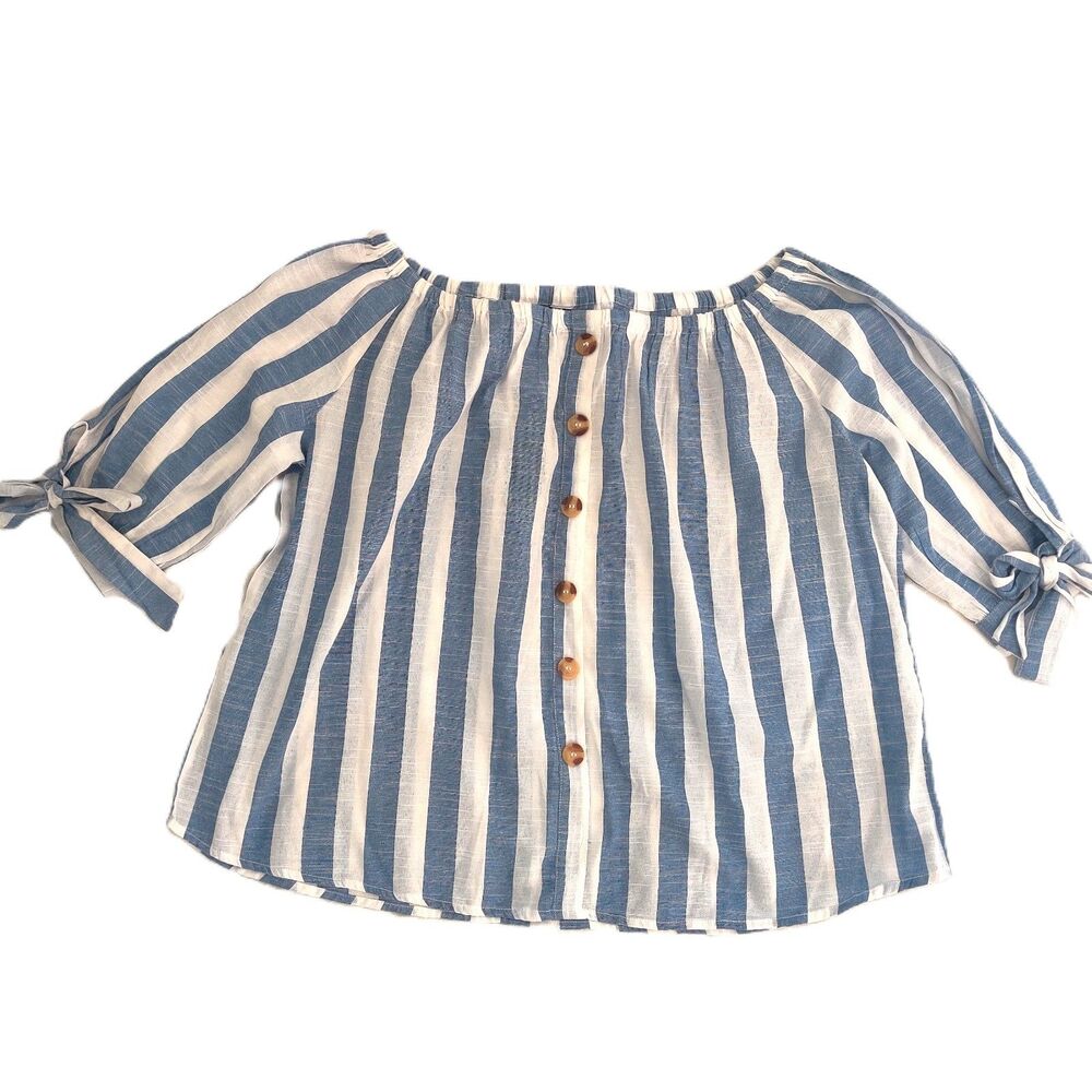 Rouge Collection Womens 2X Blue White Striped Off Shoulder Button Front Top NWT